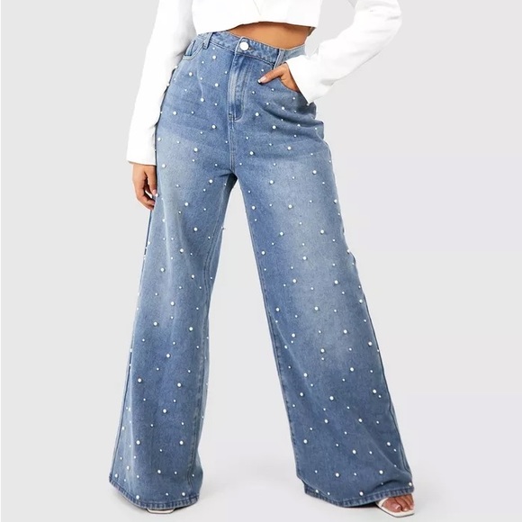 BOOHOO Blue Pearl Wide Leg Denim Jeans Plus High Waist UK 22 EU 50 US 18 NWT